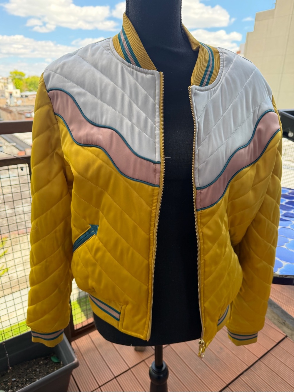 Free People Mustard Yellow Quilted Bomber Jacket with Sunset Panel - Picture 2 of 2